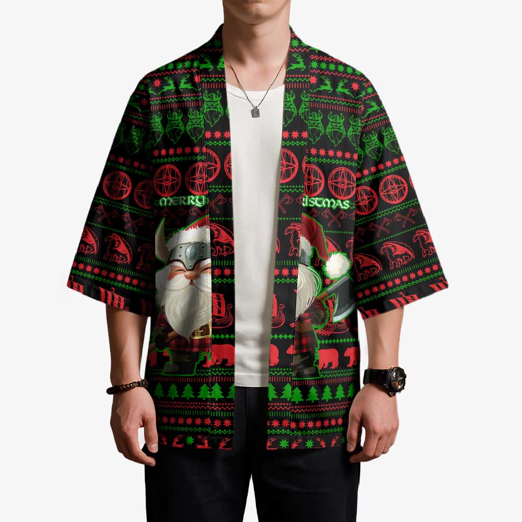 Viking Christmas Kimono with Santa Warrior Axe Nordic Symbols Red Green Black Knit Pattern Design - Wonder Print Shop