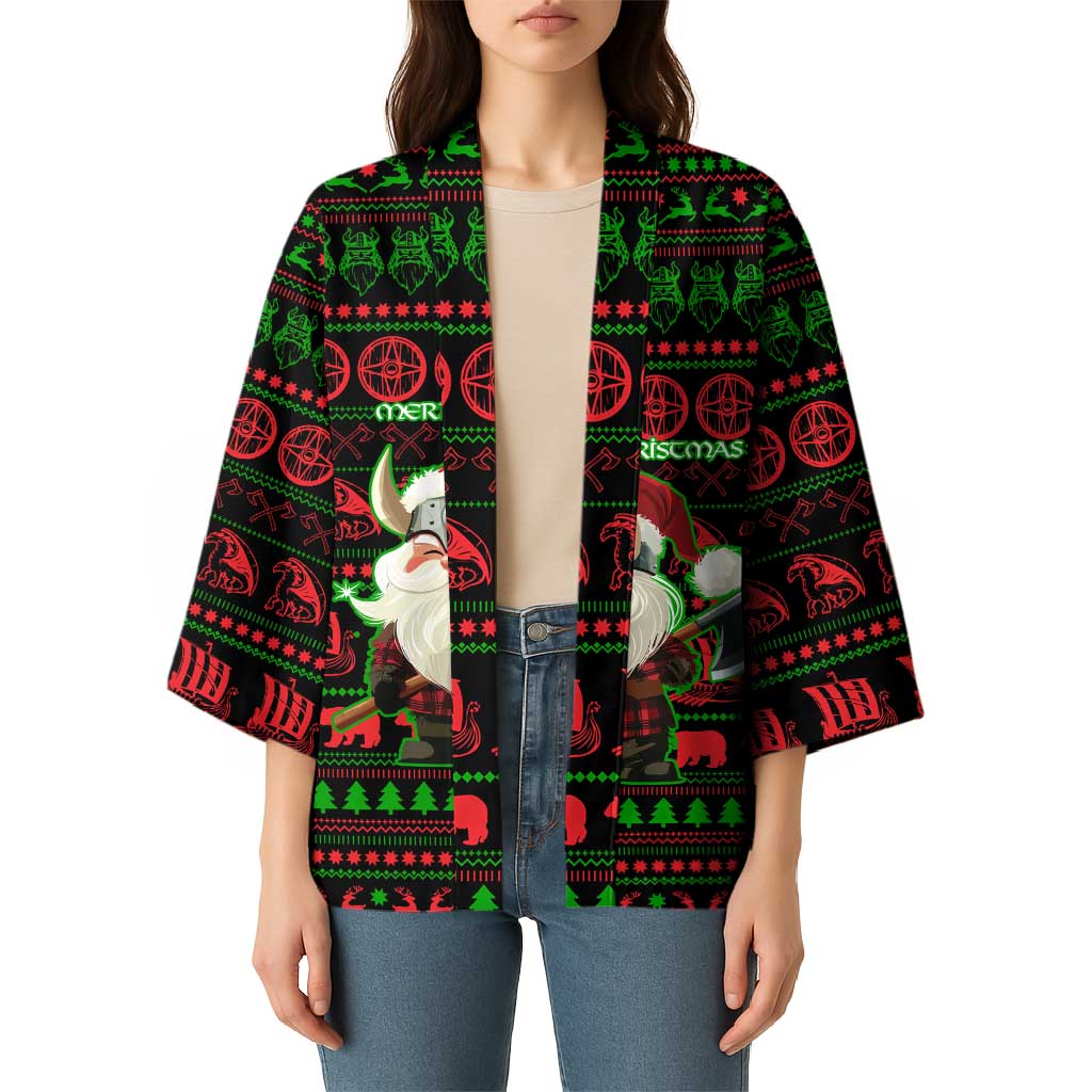 Viking Christmas Kimono with Santa Warrior Axe Nordic Symbols Red Green Black Knit Pattern Design - Wonder Print Shop