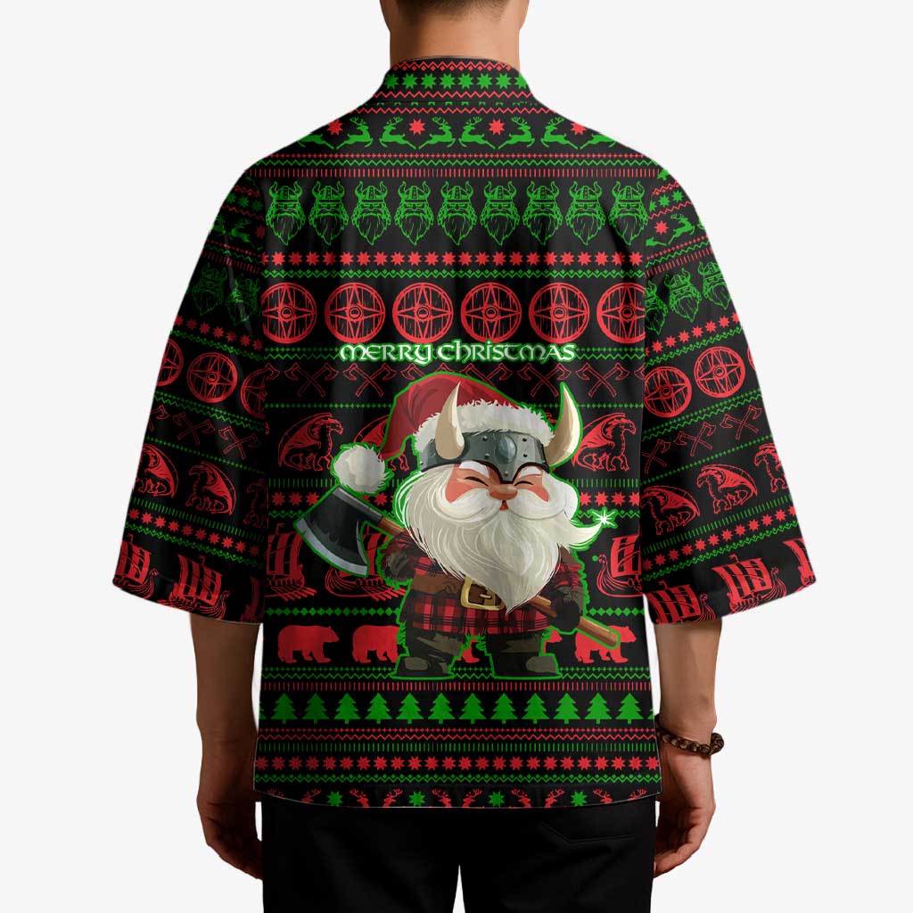 Viking Christmas Kimono with Santa Warrior Axe Nordic Symbols Red Green Black Knit Pattern Design - Wonder Print Shop