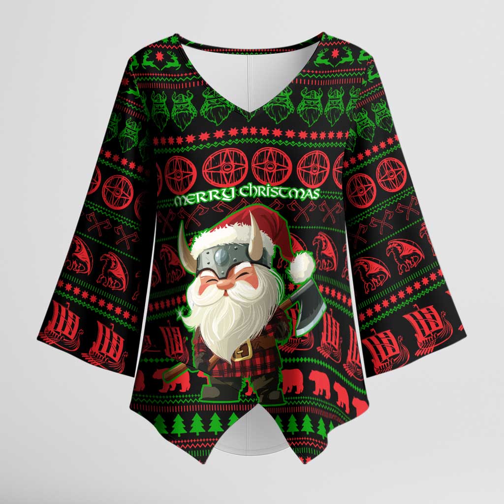 Viking Christmas Kimono Sleeve Blouse with Santa Warrior Axe Nordic Symbols Red Green Black Knit Pattern Design - Wonder Print Shop