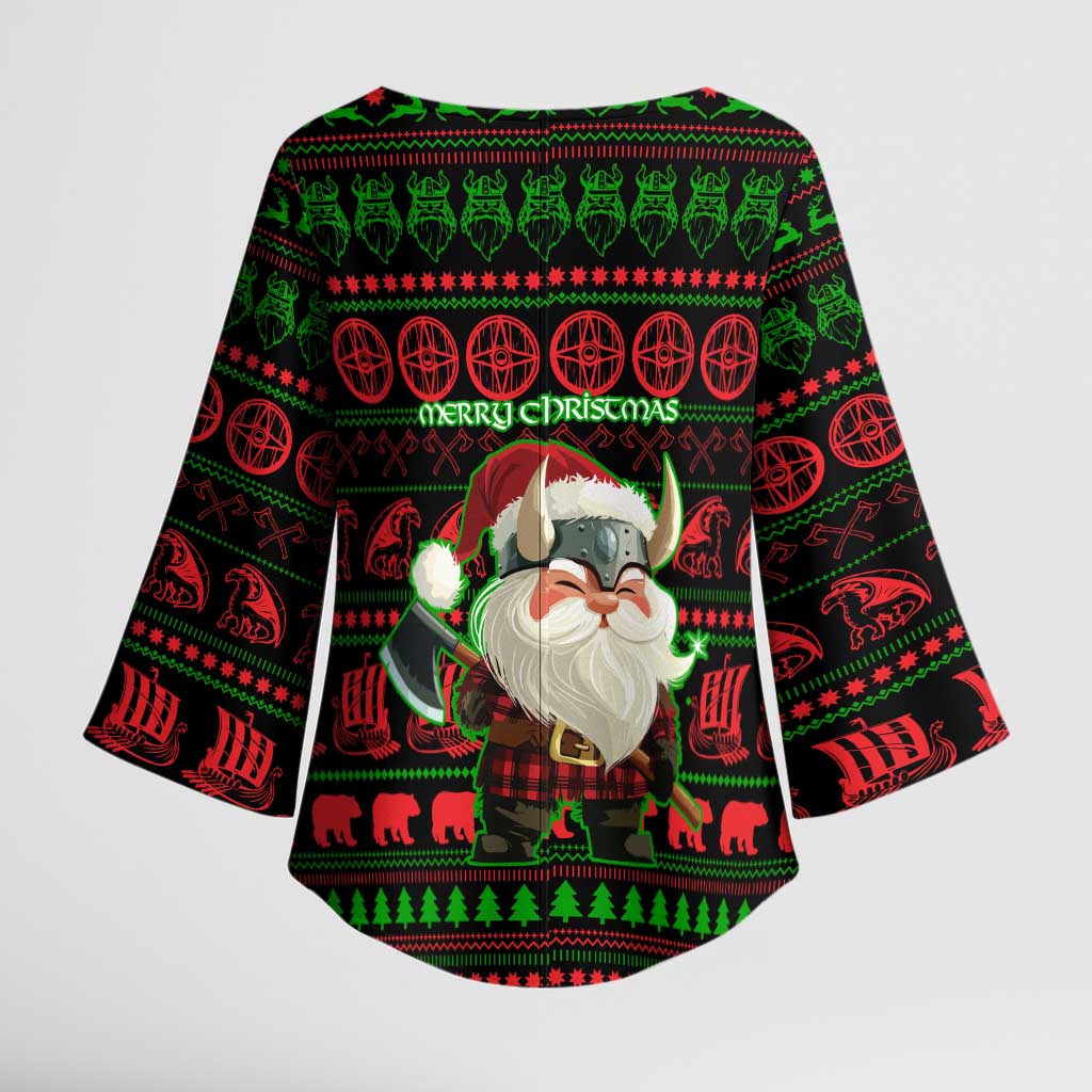 Viking Christmas Kimono Sleeve Blouse with Santa Warrior Axe Nordic Symbols Red Green Black Knit Pattern Design - Wonder Print Shop