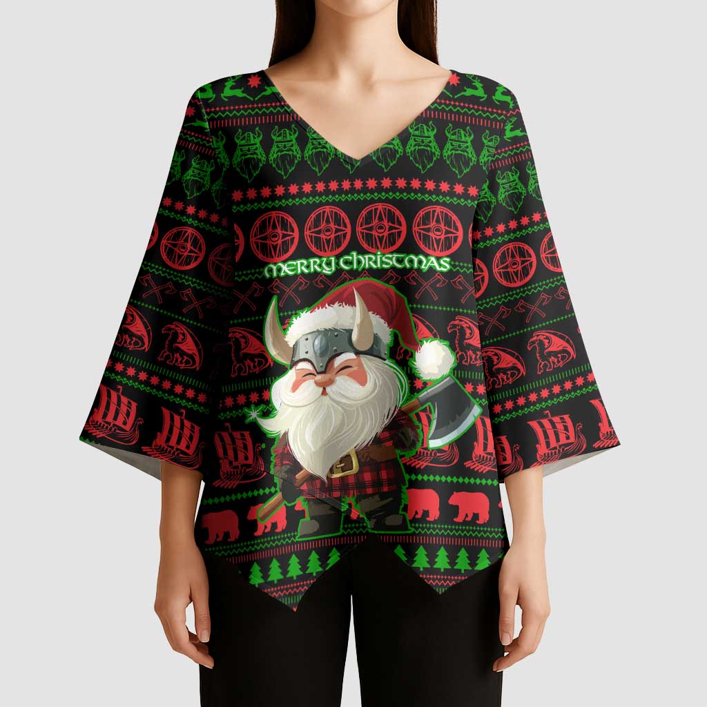 Viking Christmas Kimono Sleeve Blouse with Santa Warrior Axe Nordic Symbols Red Green Black Knit Pattern Design - Wonder Print Shop