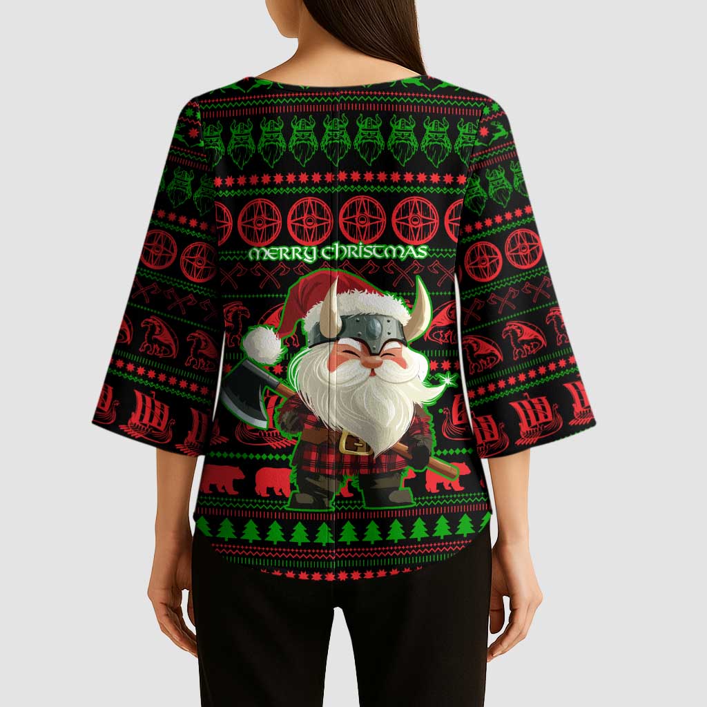 Viking Christmas Kimono Sleeve Blouse with Santa Warrior Axe Nordic Symbols Red Green Black Knit Pattern Design - Wonder Print Shop