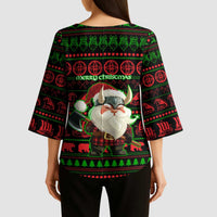 Viking Christmas Kimono Sleeve Blouse with Santa Warrior Axe Nordic Symbols Red Green Black Knit Pattern Design - Wonder Print Shop