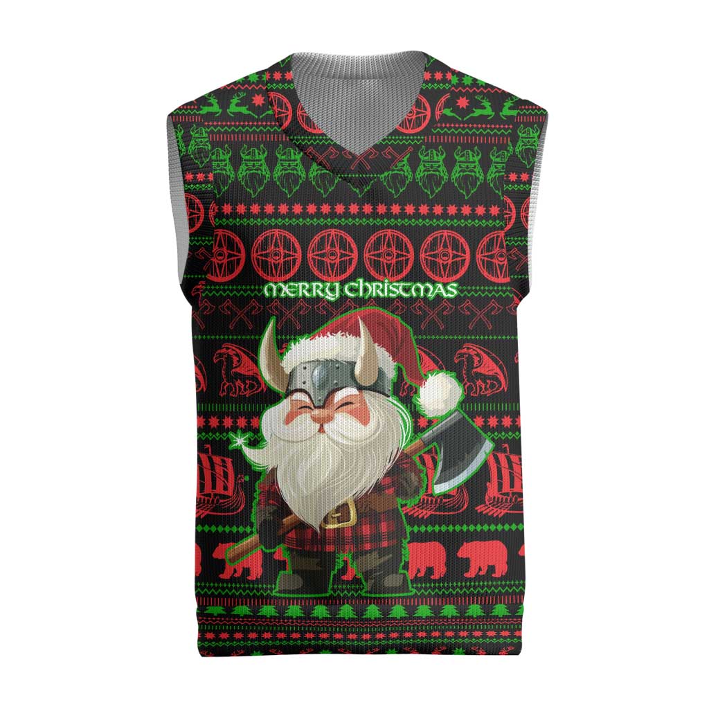 Viking Christmas Knitted V-Neck Vest with Santa Warrior Axe Nordic Symbols Red Green Black Knit Pattern Design - Wonder Print Shop