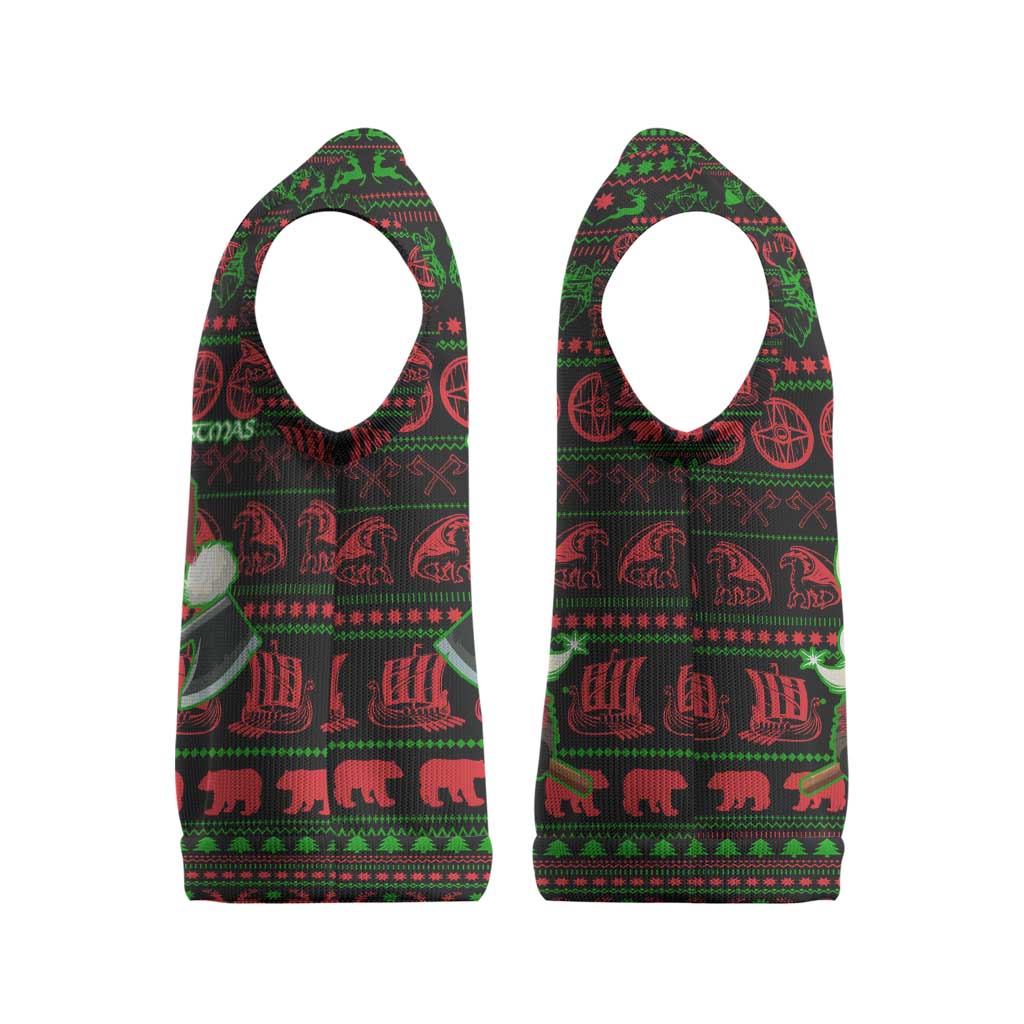Viking Christmas Knitted V-Neck Vest with Santa Warrior Axe Nordic Symbols Red Green Black Knit Pattern Design - Wonder Print Shop