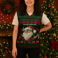 Viking Christmas Knitted V-Neck Vest with Santa Warrior Axe Nordic Symbols Red Green Black Knit Pattern Design - Wonder Print Shop