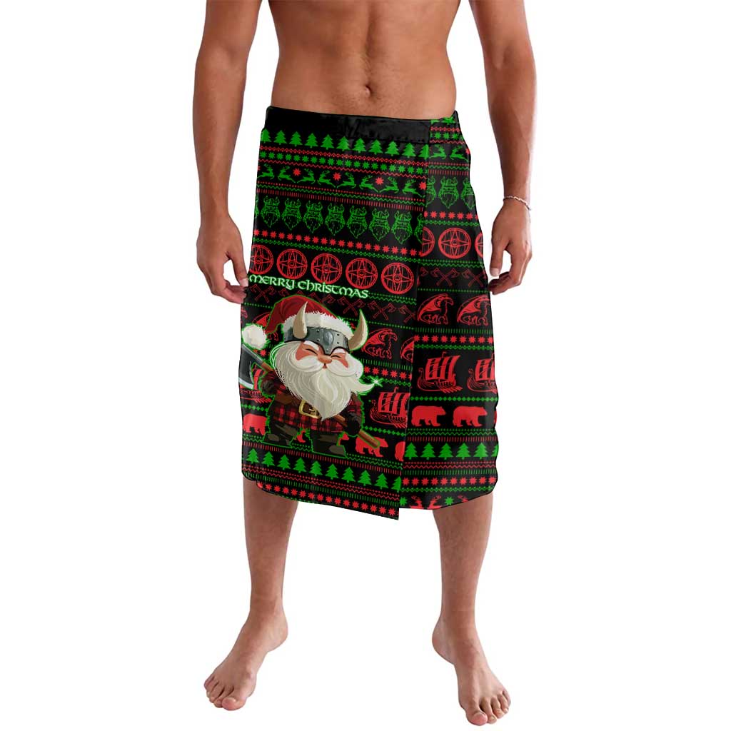 Viking Christmas Lavalava with Santa Warrior Axe Nordic Symbols Red Green Black Knit Pattern Design - Wonder Print Shop