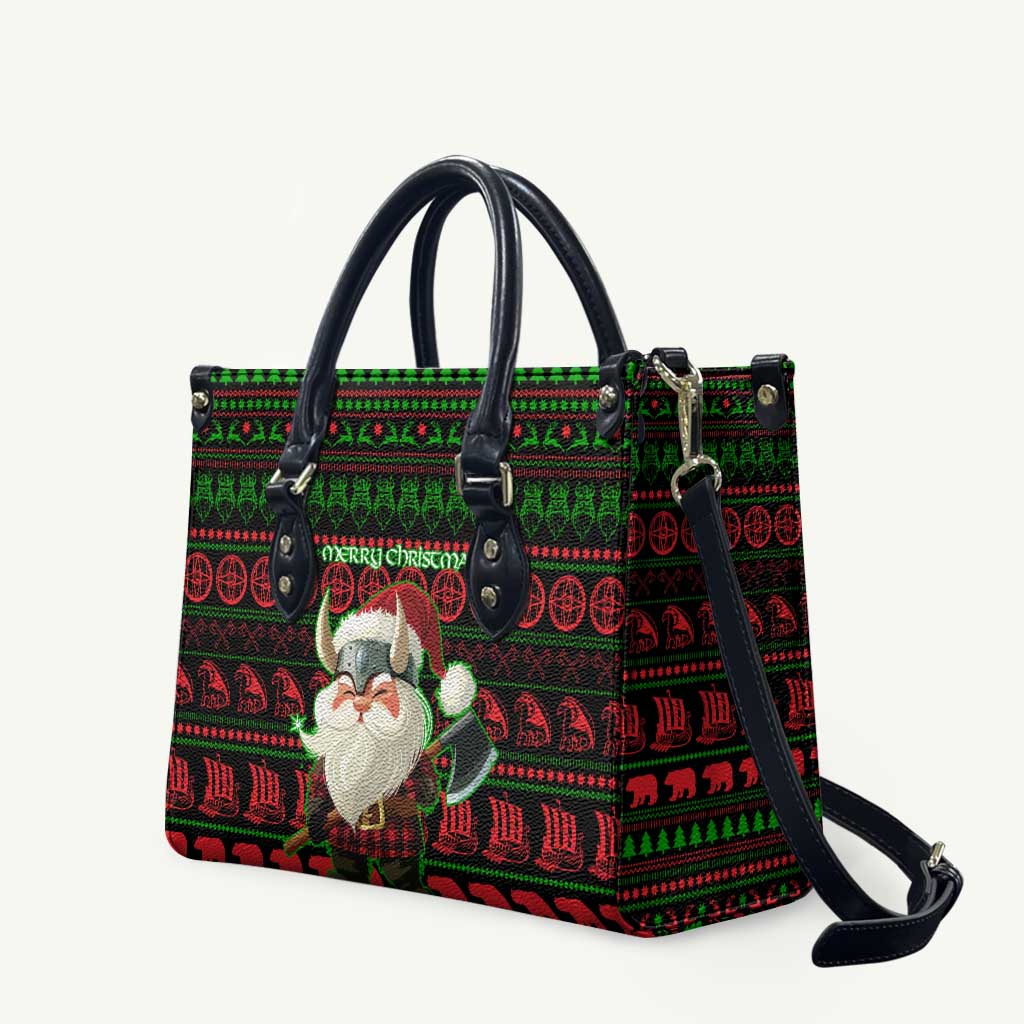Viking Christmas Leather Bag with Santa Warrior Axe Nordic Symbols Red Green Black Knit Pattern Design - Wonder Print Shop