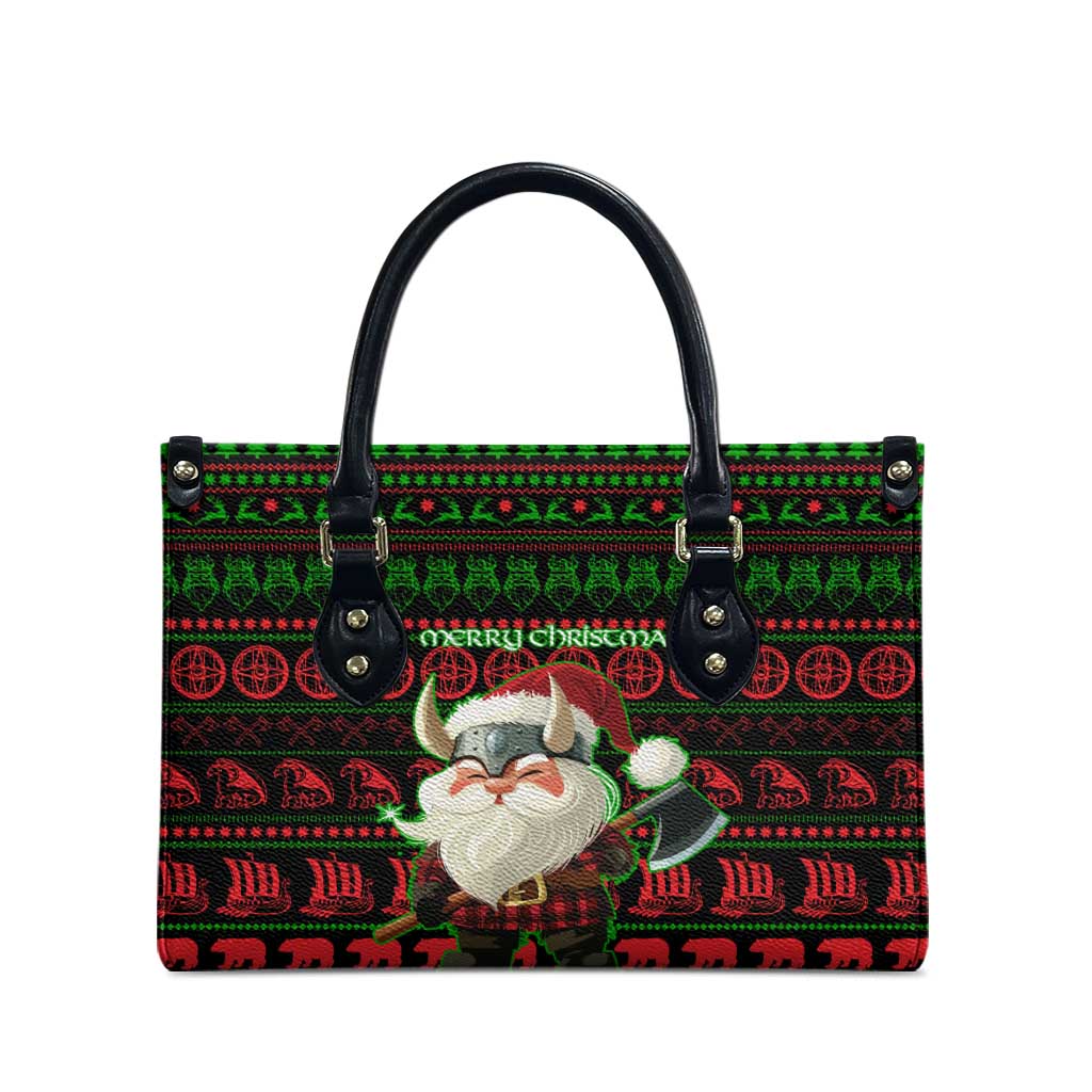 Viking Christmas Leather Bag with Santa Warrior Axe Nordic Symbols Red Green Black Knit Pattern Design - Wonder Print Shop