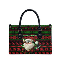 Viking Christmas Leather Bag with Santa Warrior Axe Nordic Symbols Red Green Black Knit Pattern Design - Wonder Print Shop