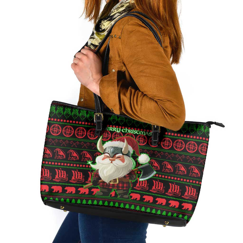 Viking Christmas Leather Tote Bag with Santa Warrior Axe Nordic Symbols Red Green Black Knit Pattern Design - Wonder Print Shop