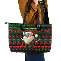 Viking Christmas Leather Tote Bag with Santa Warrior Axe Nordic Symbols Red Green Black Knit Pattern Design - Wonder Print Shop
