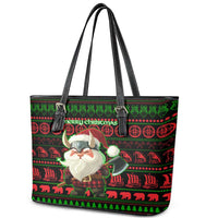 Viking Christmas Leather Tote Bag with Santa Warrior Axe Nordic Symbols Red Green Black Knit Pattern Design - Wonder Print Shop