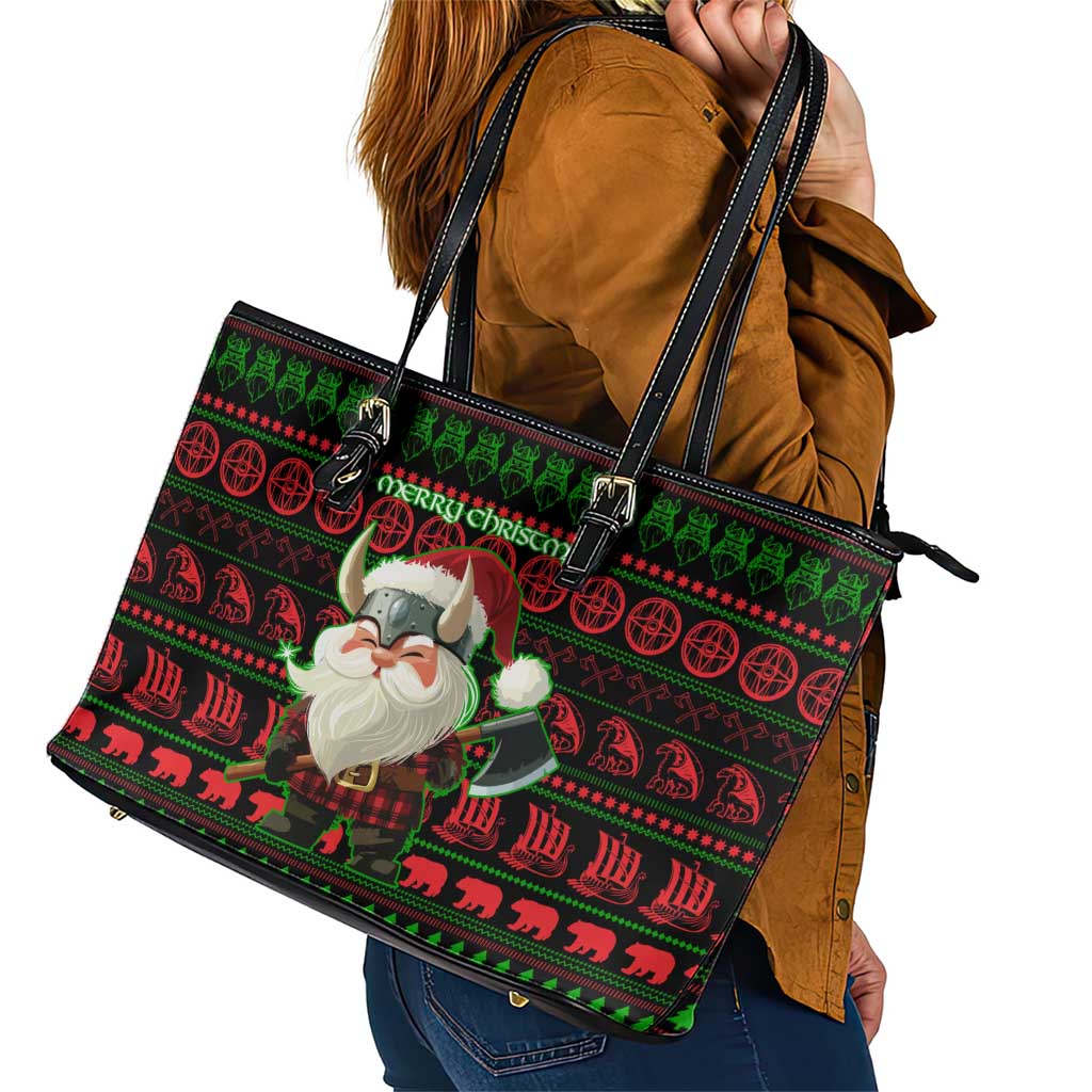 Viking Christmas Leather Tote Bag with Santa Warrior Axe Nordic Symbols Red Green Black Knit Pattern Design - Wonder Print Shop