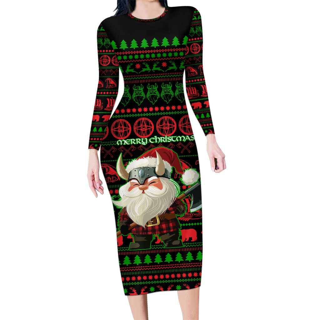 Viking Christmas Long Sleeve Bodycon Dress with Santa Warrior Axe Nordic Symbols Red Green Black Knit Pattern Design - Wonder Print Shop