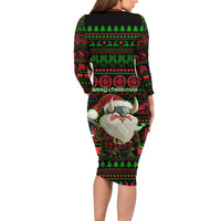Viking Christmas Long Sleeve Bodycon Dress with Santa Warrior Axe Nordic Symbols Red Green Black Knit Pattern Design - Wonder Print Shop