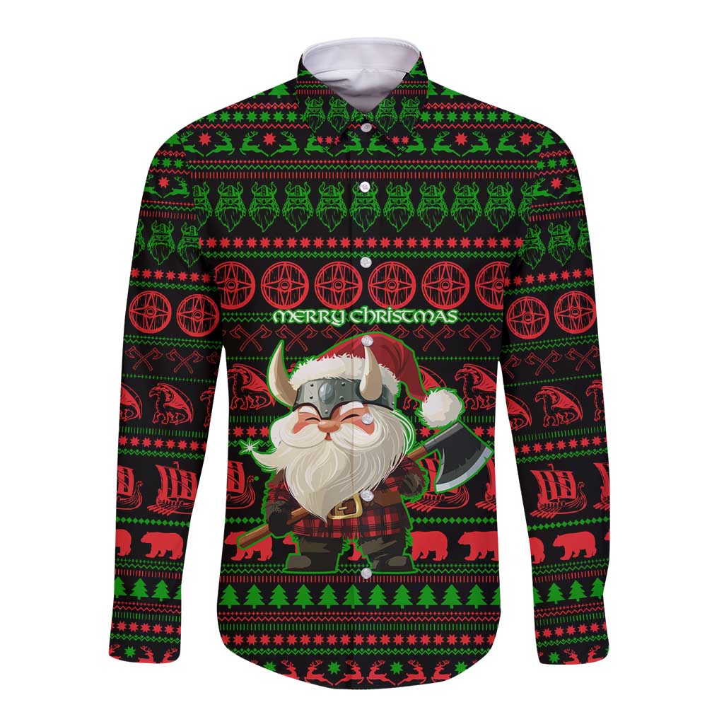 Viking Christmas Long Sleeve Button Shirt with Santa Warrior Axe Nordic Symbols Red Green Black Knit Pattern Design - Wonder Print Shop