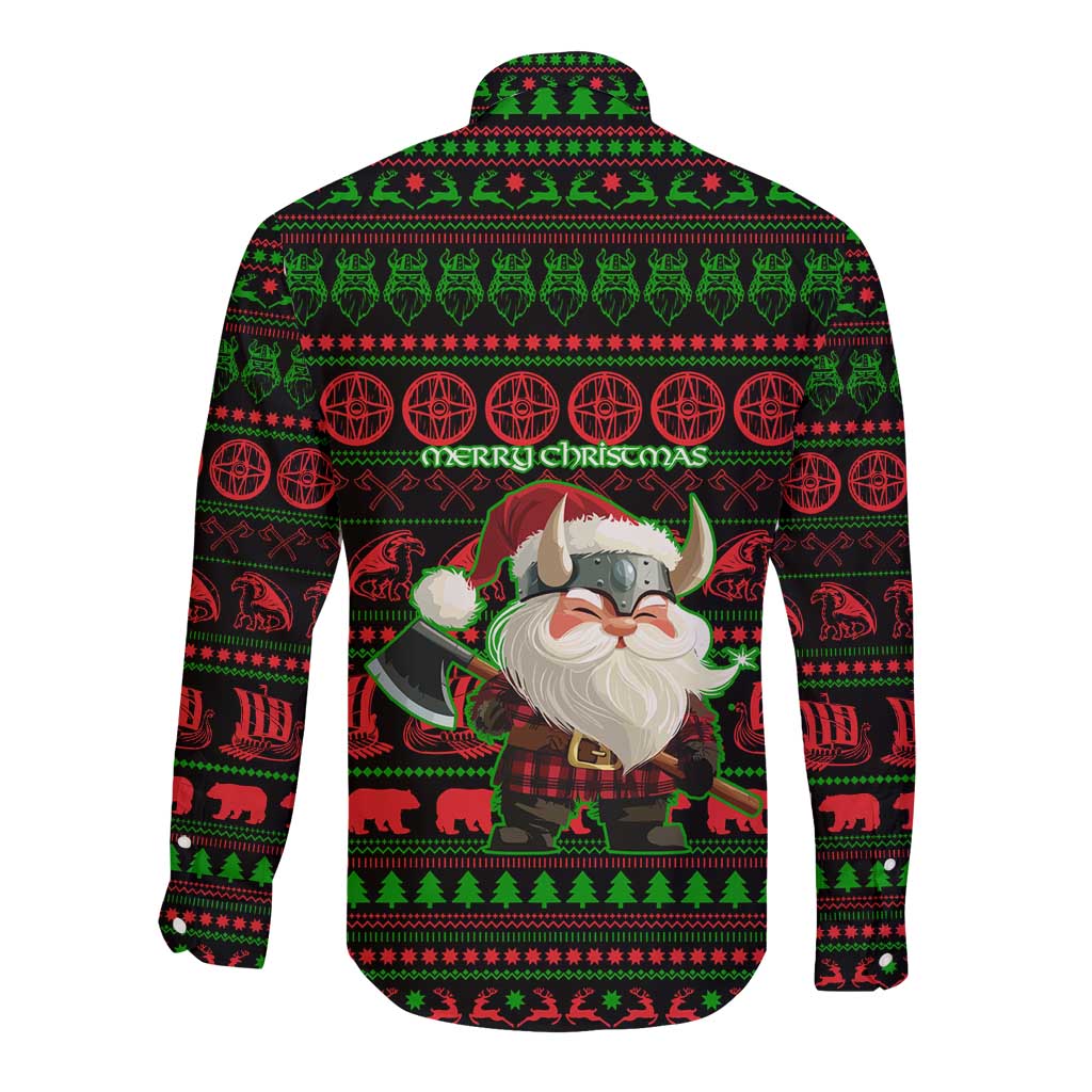 Viking Christmas Long Sleeve Button Shirt with Santa Warrior Axe Nordic Symbols Red Green Black Knit Pattern Design - Wonder Print Shop