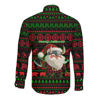 Viking Christmas Long Sleeve Button Shirt with Santa Warrior Axe Nordic Symbols Red Green Black Knit Pattern Design - Wonder Print Shop