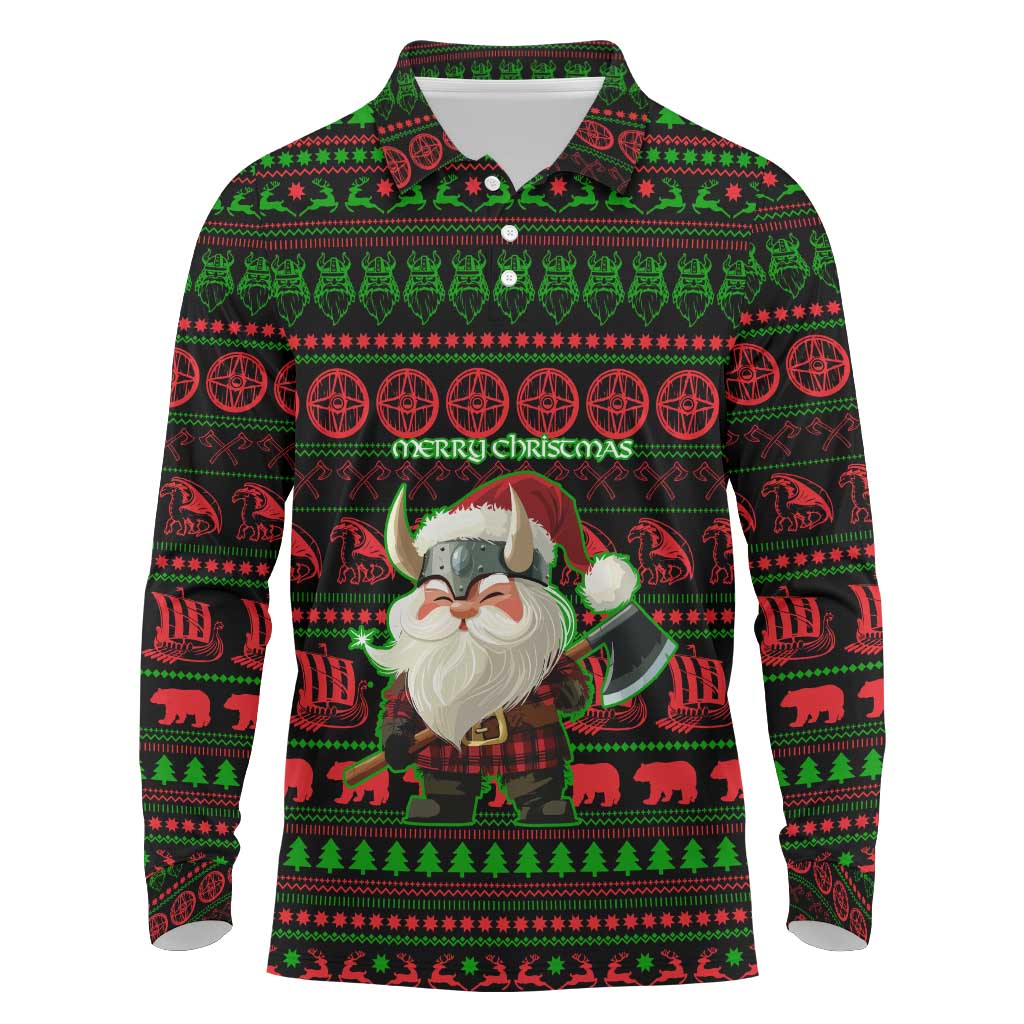 Viking Christmas Long Sleeve Polo Shirt with Santa Warrior Axe Nordic Symbols Red Green Black Knit Pattern Design - Wonder Print Shop