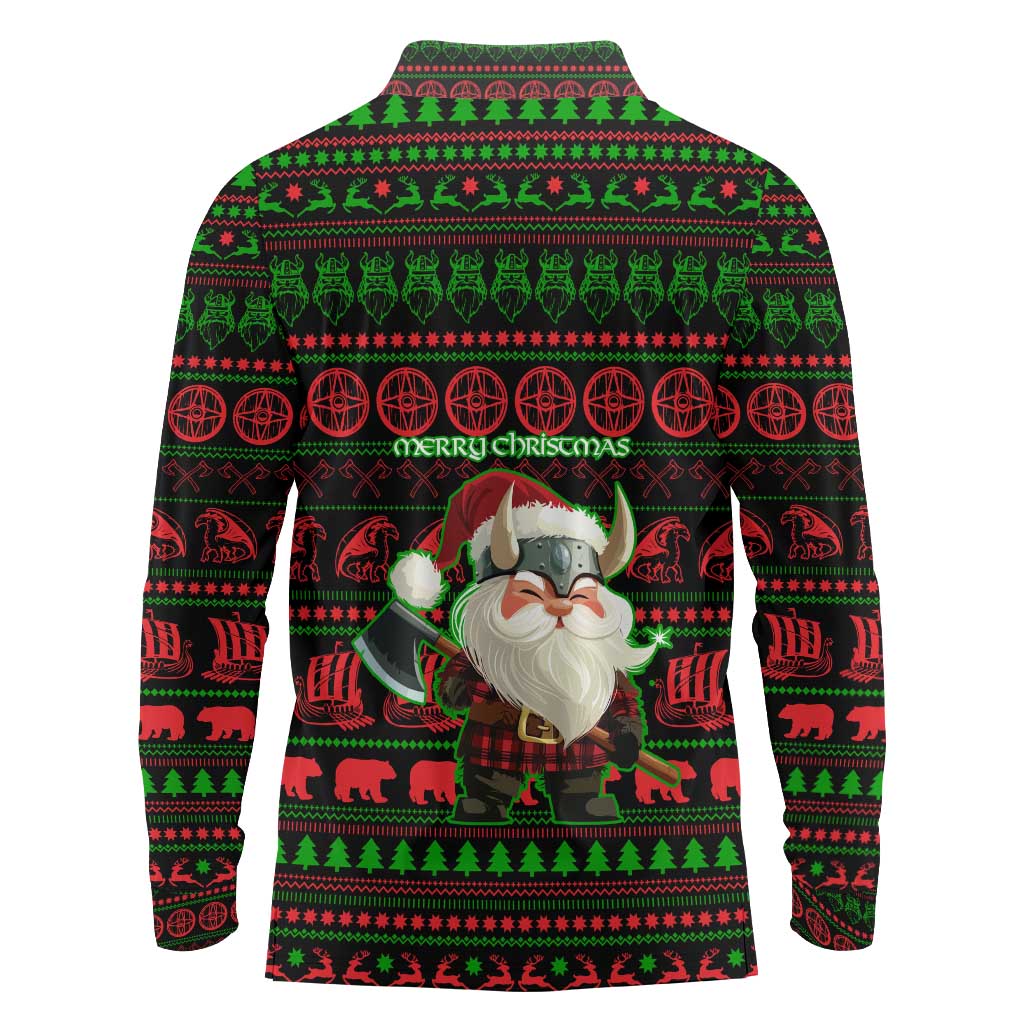 Viking Christmas Long Sleeve Polo Shirt with Santa Warrior Axe Nordic Symbols Red Green Black Knit Pattern Design - Wonder Print Shop