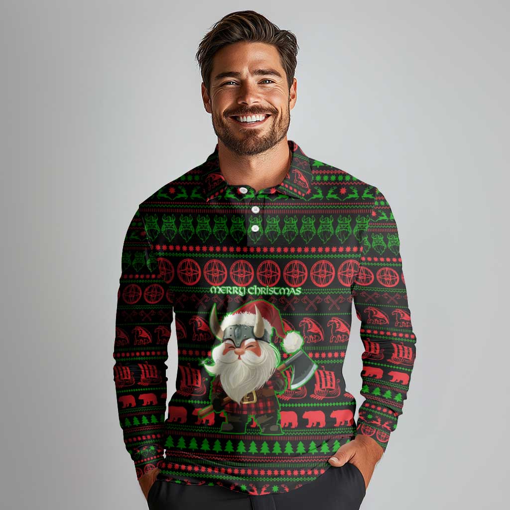 Viking Christmas Long Sleeve Polo Shirt with Santa Warrior Axe Nordic Symbols Red Green Black Knit Pattern Design - Wonder Print Shop