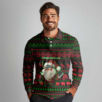 Viking Christmas Long Sleeve Polo Shirt with Santa Warrior Axe Nordic Symbols Red Green Black Knit Pattern Design - Wonder Print Shop