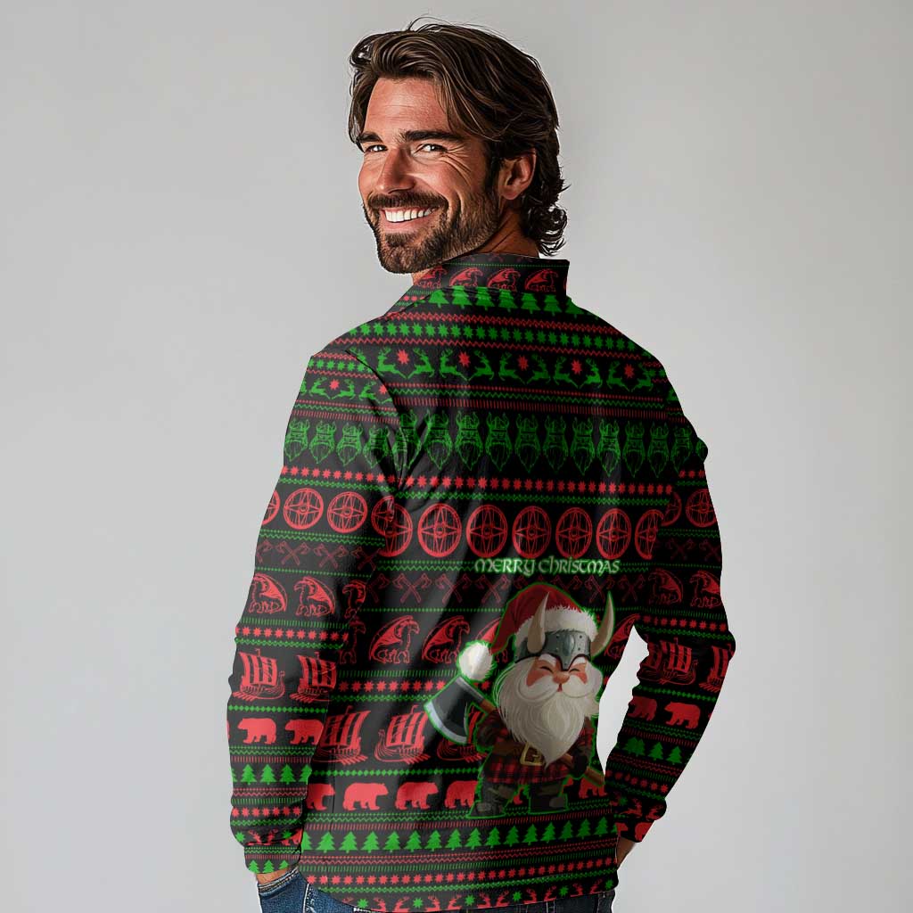 Viking Christmas Long Sleeve Polo Shirt with Santa Warrior Axe Nordic Symbols Red Green Black Knit Pattern Design - Wonder Print Shop