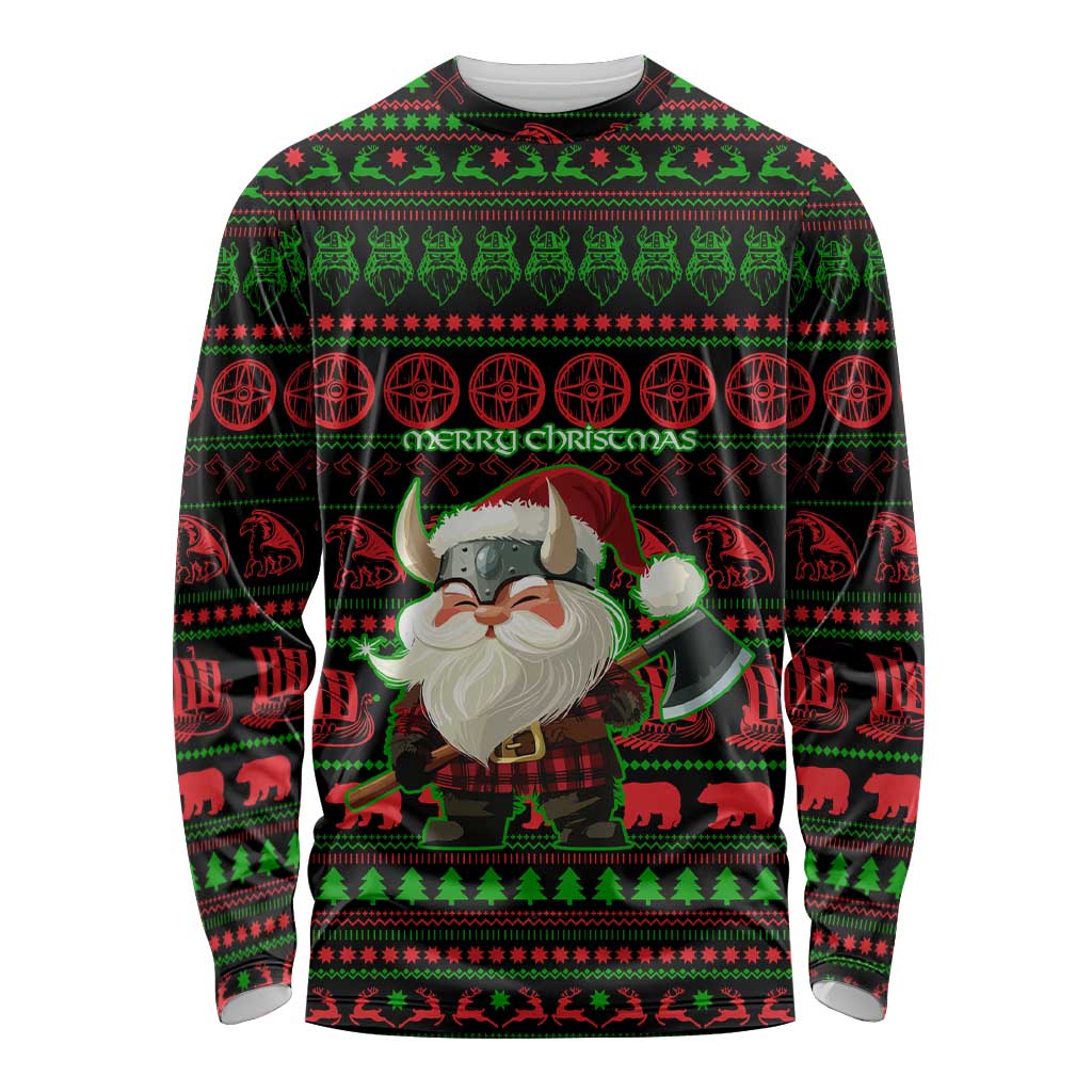 Viking Christmas Long Sleeve Shirt with Santa Warrior Axe Nordic Symbols Red Green Black Knit Pattern Design - Wonder Print Shop