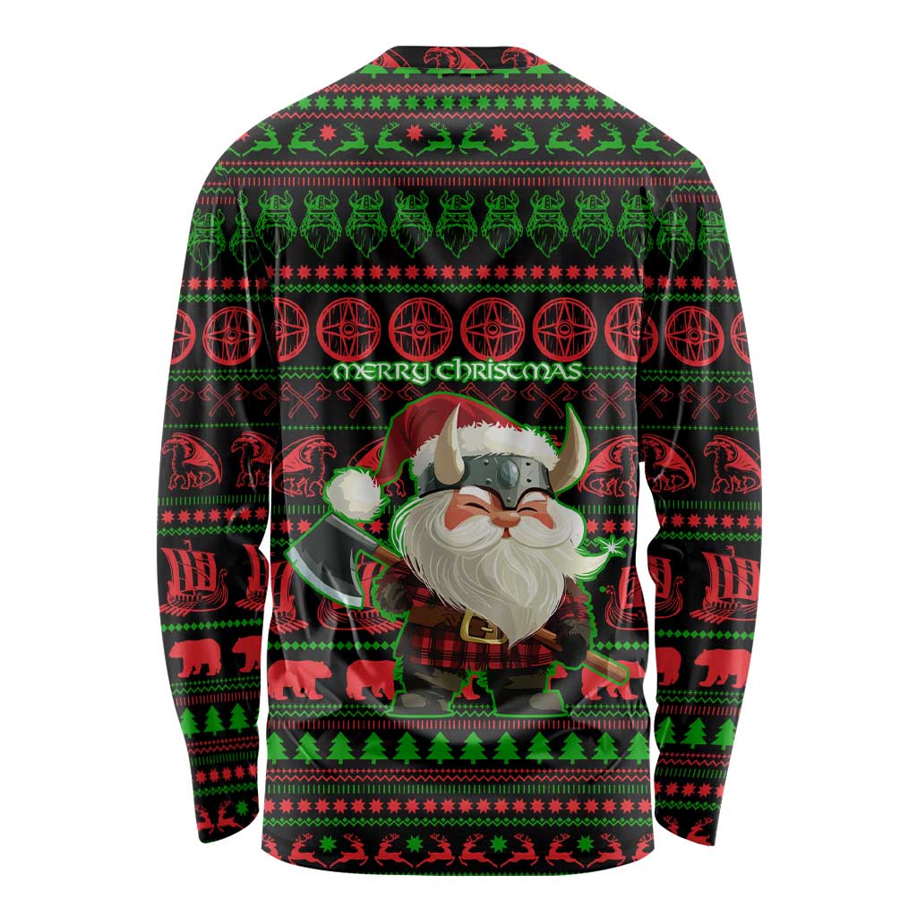 Viking Christmas Long Sleeve Shirt with Santa Warrior Axe Nordic Symbols Red Green Black Knit Pattern Design - Wonder Print Shop