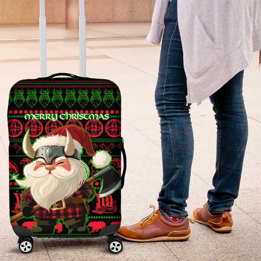 Viking Christmas Luggage Cover with Santa Warrior Axe Nordic Symbols Red Green Black Knit Pattern Design - Wonder Print Shop