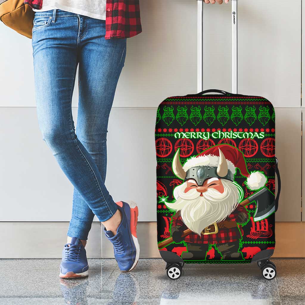Viking Christmas Luggage Cover with Santa Warrior Axe Nordic Symbols Red Green Black Knit Pattern Design - Wonder Print Shop