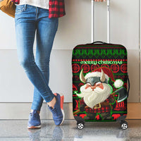 Viking Christmas Luggage Cover with Santa Warrior Axe Nordic Symbols Red Green Black Knit Pattern Design - Wonder Print Shop