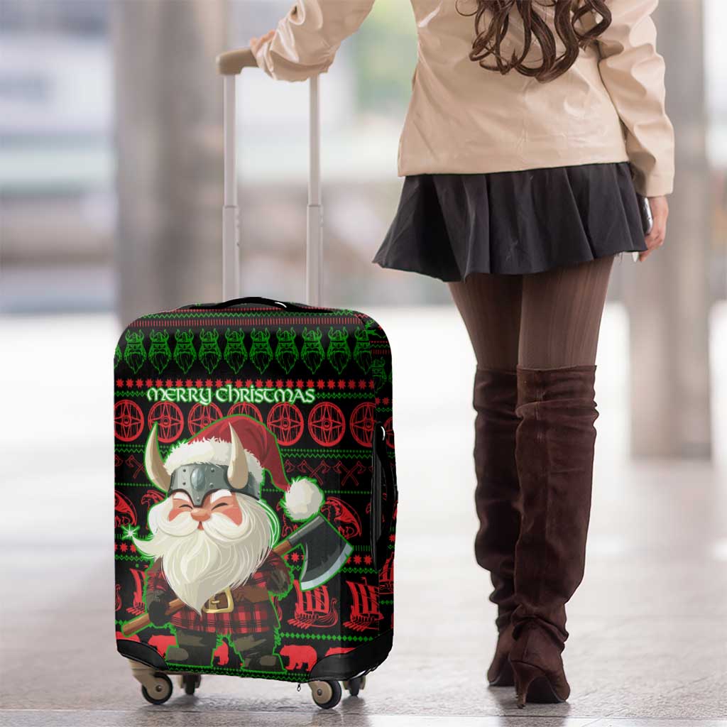 Viking Christmas Luggage Cover with Santa Warrior Axe Nordic Symbols Red Green Black Knit Pattern Design - Wonder Print Shop