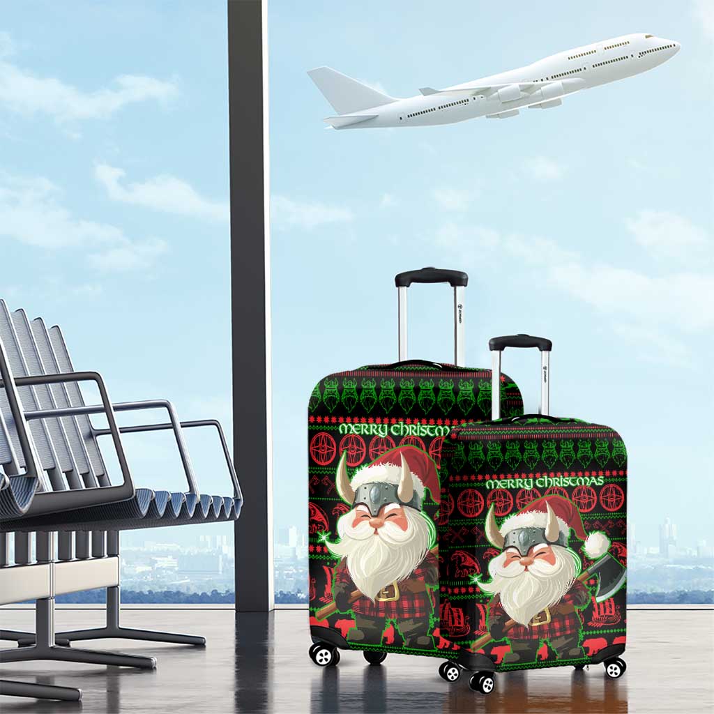 Viking Christmas Luggage Cover with Santa Warrior Axe Nordic Symbols Red Green Black Knit Pattern Design - Wonder Print Shop