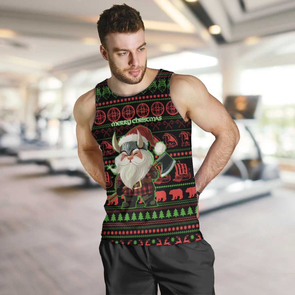 Viking Christmas Men Tank Top with Santa Warrior Axe Nordic Symbols Red Green Black Knit Pattern Design - Wonder Print Shop