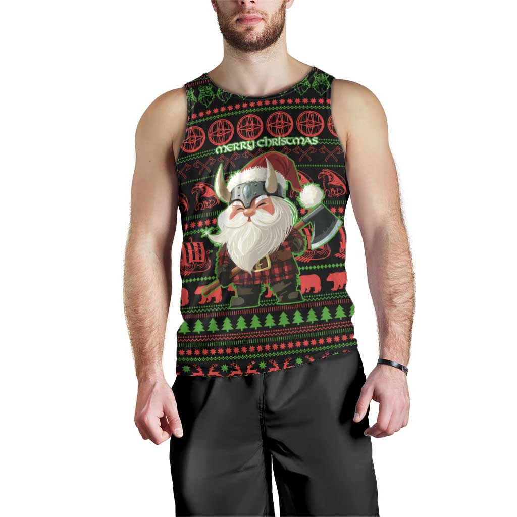 Viking Christmas Men Tank Top with Santa Warrior Axe Nordic Symbols Red Green Black Knit Pattern Design - Wonder Print Shop