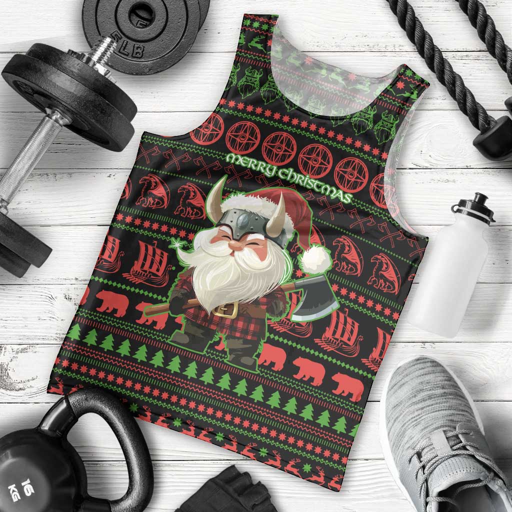 Viking Christmas Men Tank Top with Santa Warrior Axe Nordic Symbols Red Green Black Knit Pattern Design - Wonder Print Shop