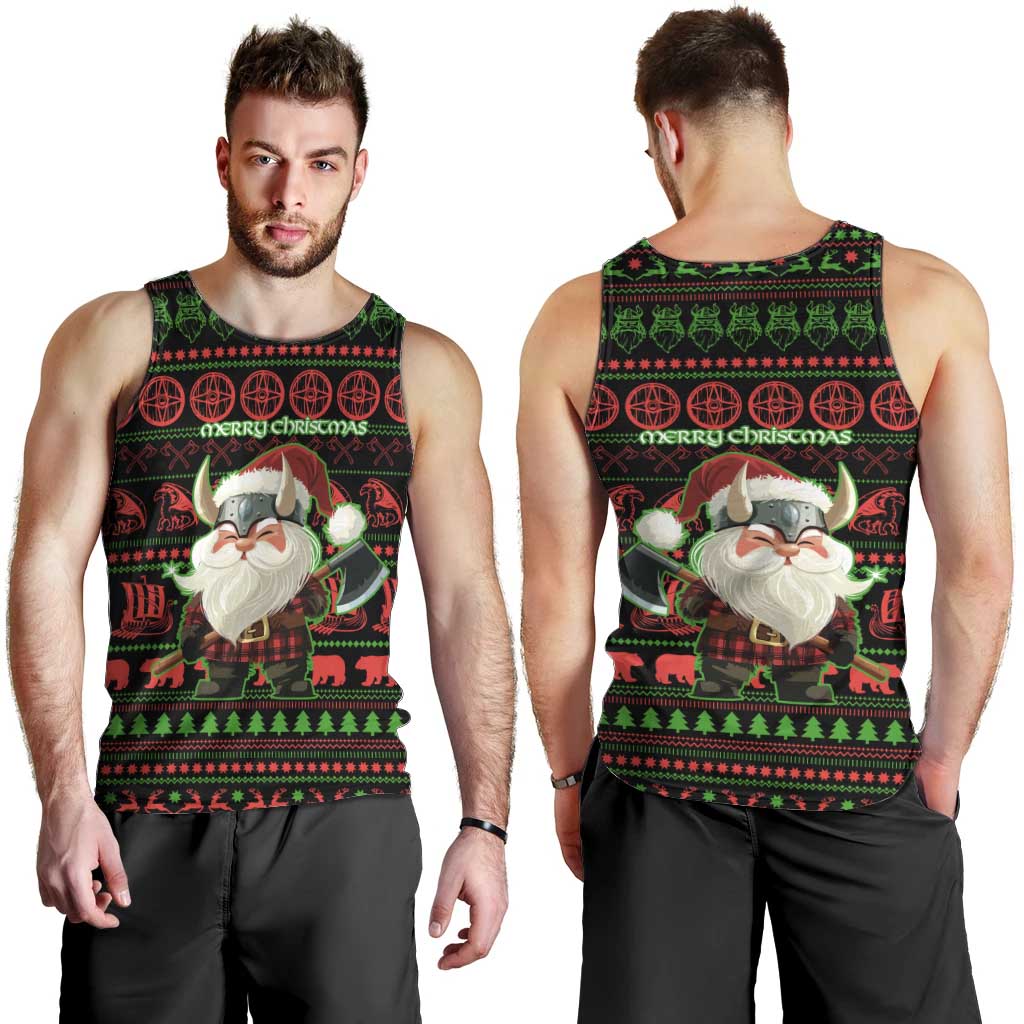 Viking Christmas Men Tank Top with Santa Warrior Axe Nordic Symbols Red Green Black Knit Pattern Design - Wonder Print Shop