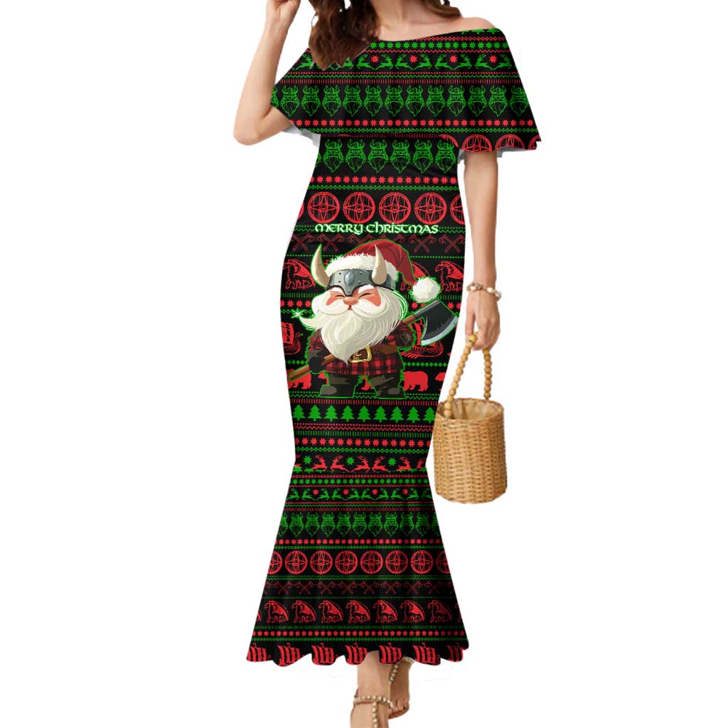 Viking Christmas Mermaid Dress with Santa Warrior Axe Nordic Symbols Red Green Black Knit Pattern Design - Wonder Print Shop