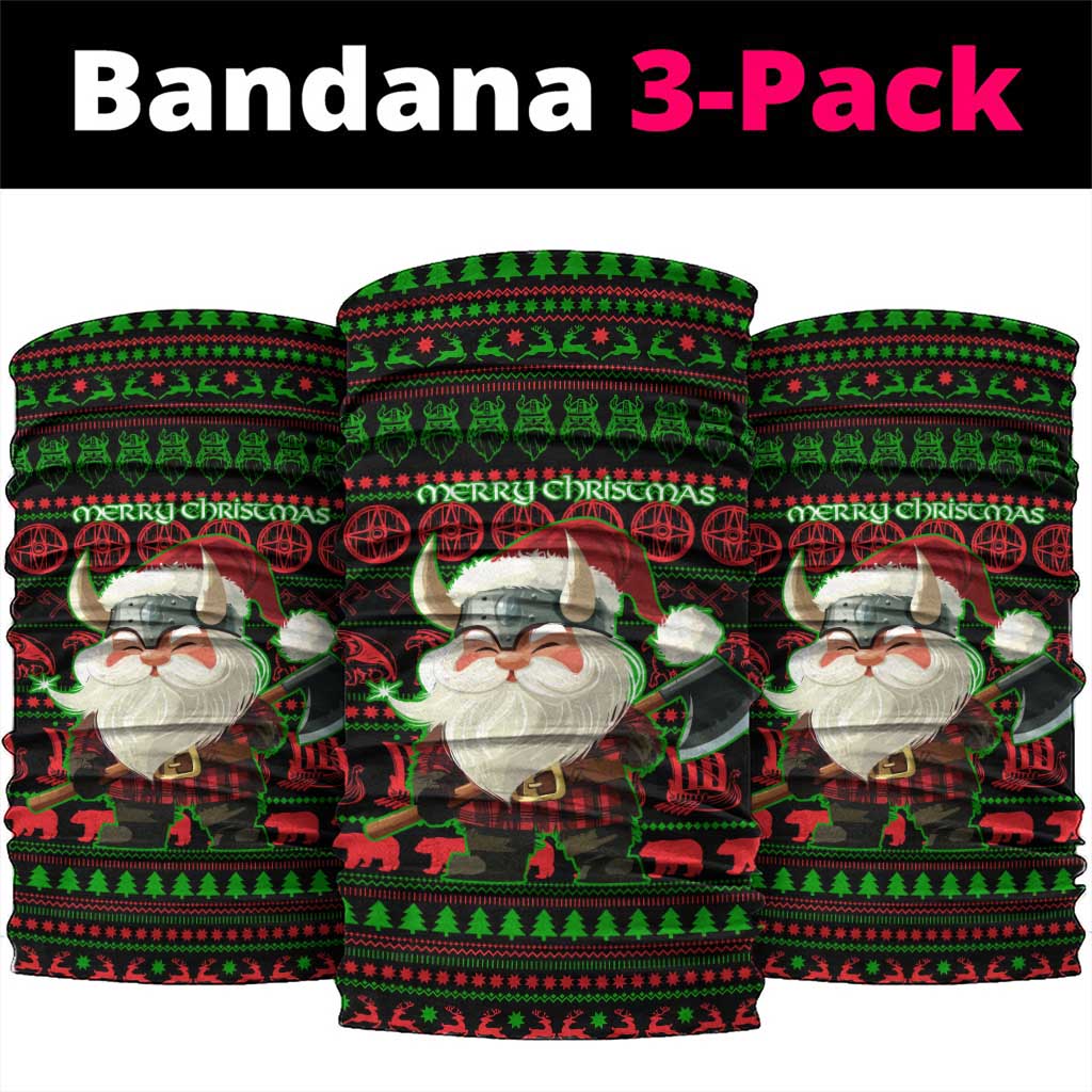 Viking Christmas Neck Gaiter with Santa Warrior Axe Nordic Symbols Red Green Black Knit Pattern Design - Wonder Print Shop