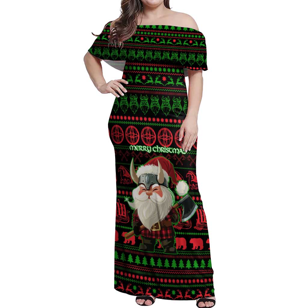 Viking Christmas Off Shoulder Maxi Dress with Santa Warrior Axe Nordic Symbols Red Green Black Knit Pattern Design - Wonder Print Shop
