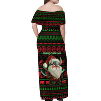 Viking Christmas Off Shoulder Maxi Dress with Santa Warrior Axe Nordic Symbols Red Green Black Knit Pattern Design - Wonder Print Shop