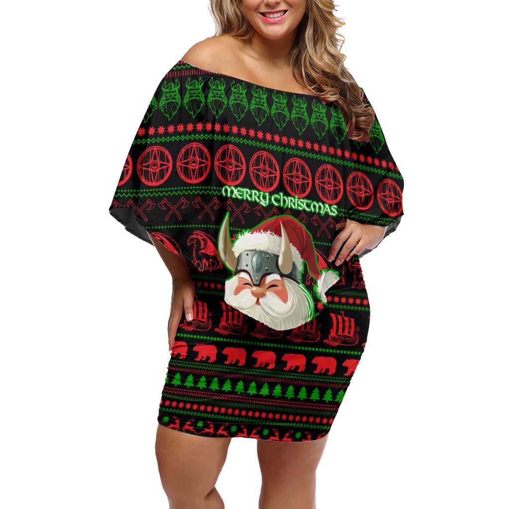 Viking Christmas Off Shoulder Short Dress with Santa Warrior Axe Nordic Symbols Red Green Black Knit Pattern Design - Wonder Print Shop