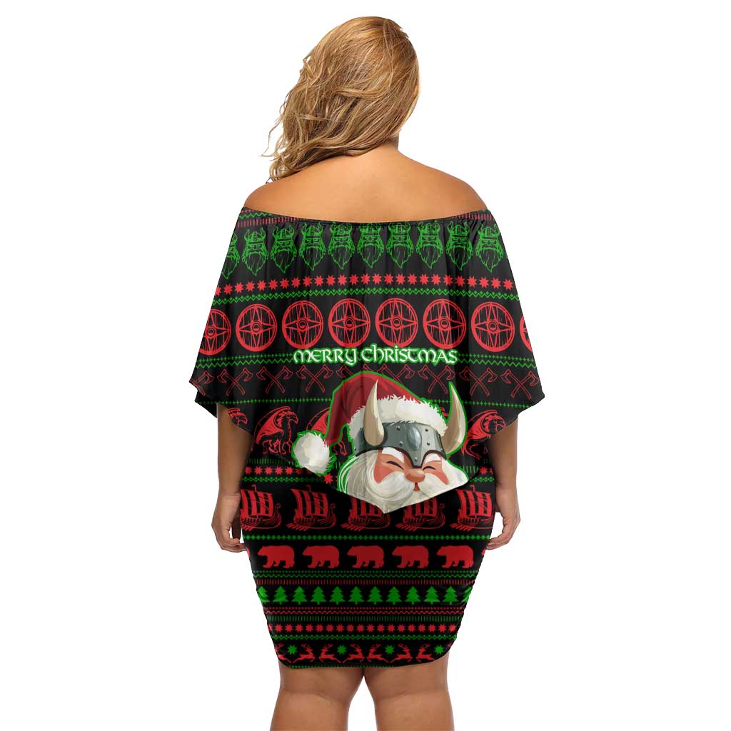 Viking Christmas Off Shoulder Short Dress with Santa Warrior Axe Nordic Symbols Red Green Black Knit Pattern Design - Wonder Print Shop