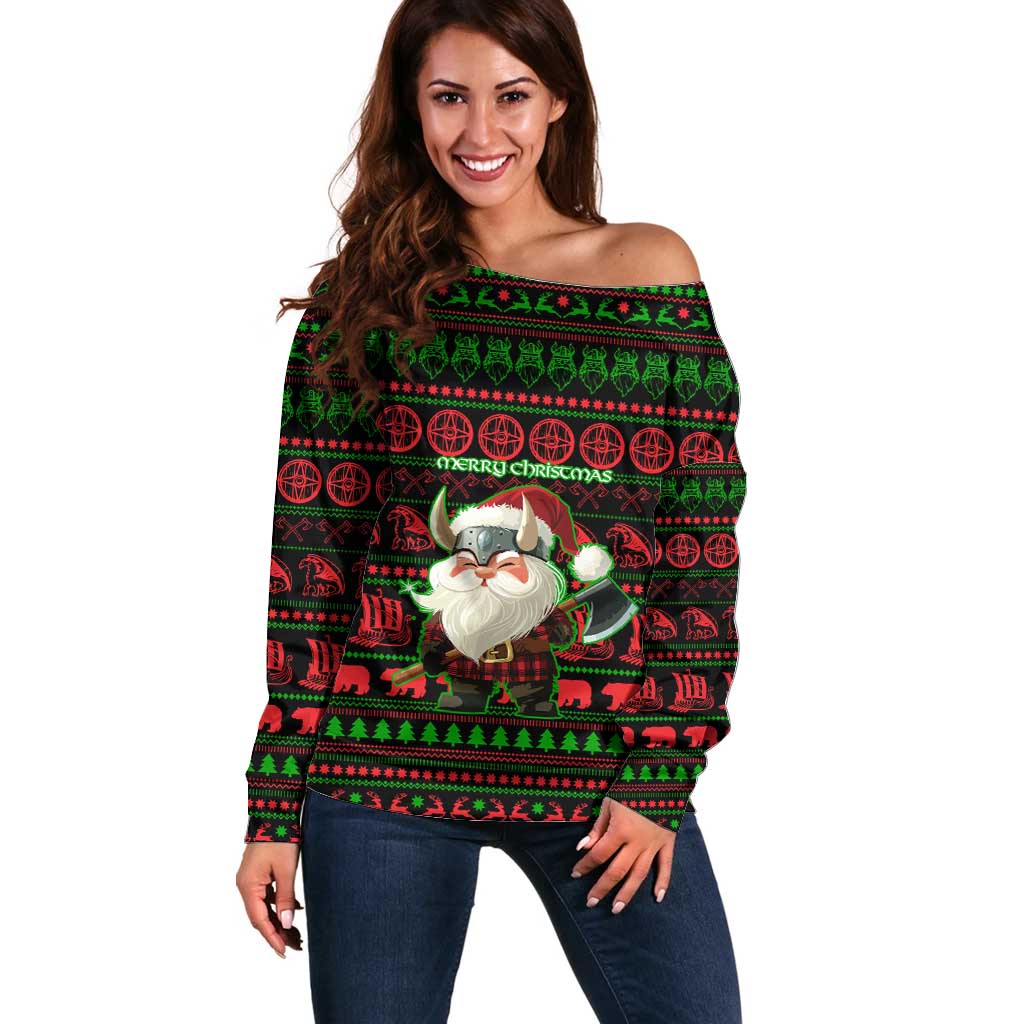 Viking Christmas Off Shoulder Sweater with Santa Warrior Axe Nordic Symbols Red Green Black Knit Pattern Design - Wonder Print Shop