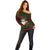 Viking Christmas Off Shoulder Sweater with Santa Warrior Axe Nordic Symbols Red Green Black Knit Pattern Design - Wonder Print Shop