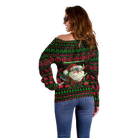 Viking Christmas Off Shoulder Sweater with Santa Warrior Axe Nordic Symbols Red Green Black Knit Pattern Design - Wonder Print Shop