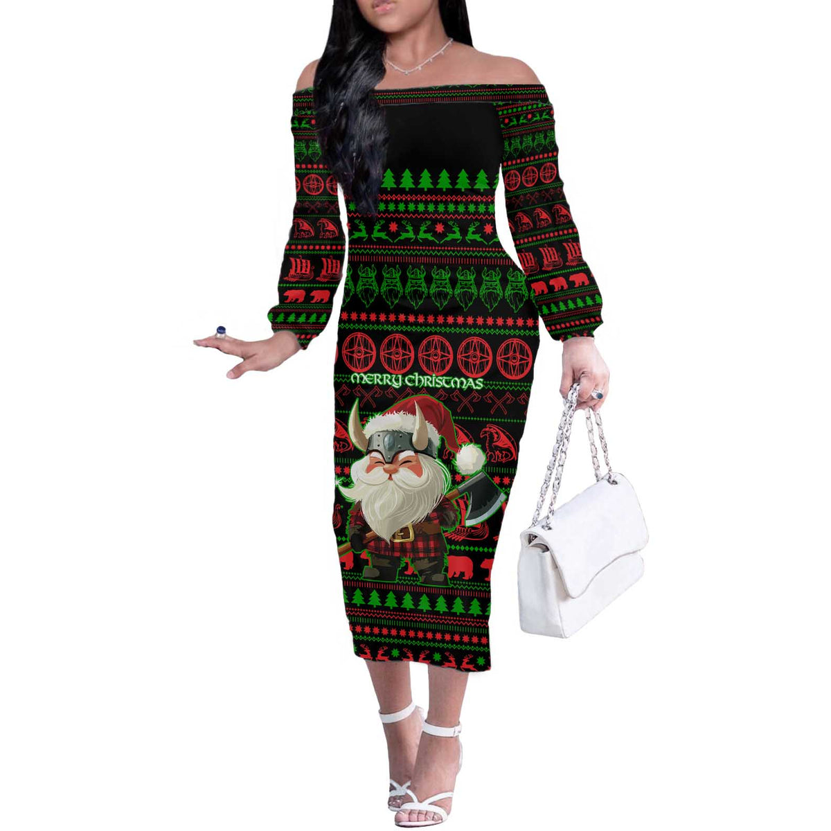 Viking Christmas Off The Shoulder Long Sleeve Dress with Santa Warrior Axe Nordic Symbols Red Green Black Knit Pattern Design - Wonder Print Shop